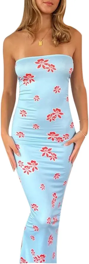NUFIWI Strapless Tube Maxi Dress Sleeveless Off Shoulder Slim Midi Dress Tie Dye Bodycon Backless Going Out Party Dress