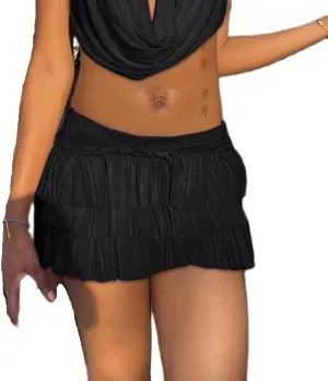 NUFIWI Women Printed Layered Ruffle Mini Skirts Elastic Waist A Line Pleated Short Skirts Low Waist Flared Flowy Beach Skirts