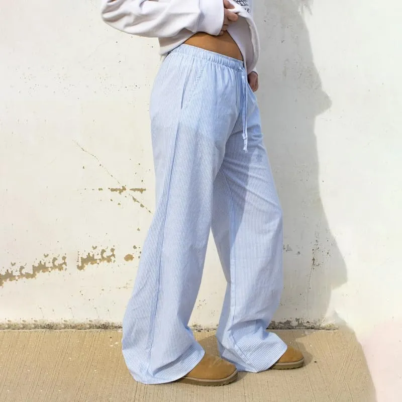 NUFIWI Women Striped Linen Pajama Pants Drawstring Wide Leg Stripes Lounge Pants Pinstriped Loose Fit Comfy Pinstripe Pants