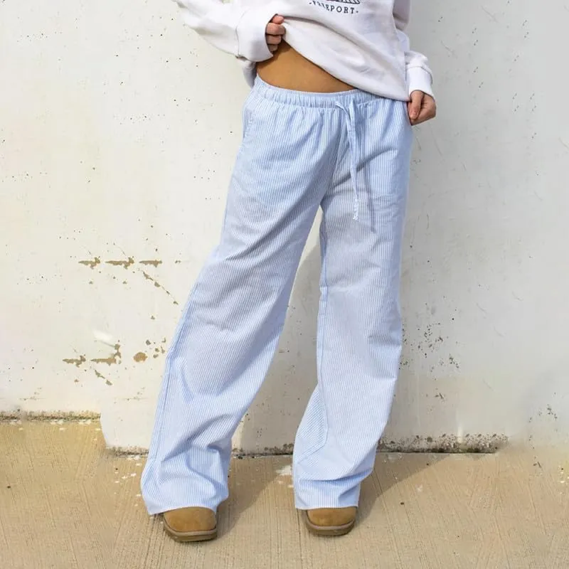 NUFIWI Women Striped Linen Pajama Pants Drawstring Wide Leg Stripes Lounge Pants Pinstriped Loose Fit Comfy Pinstripe Pants
