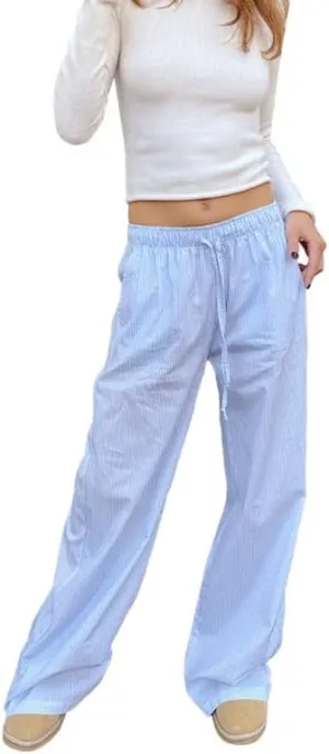 NUFIWI Women Striped Linen Pajama Pants Drawstring Wide Leg Stripes Lounge Pants Pinstriped Loose Fit Comfy Pinstripe Pants