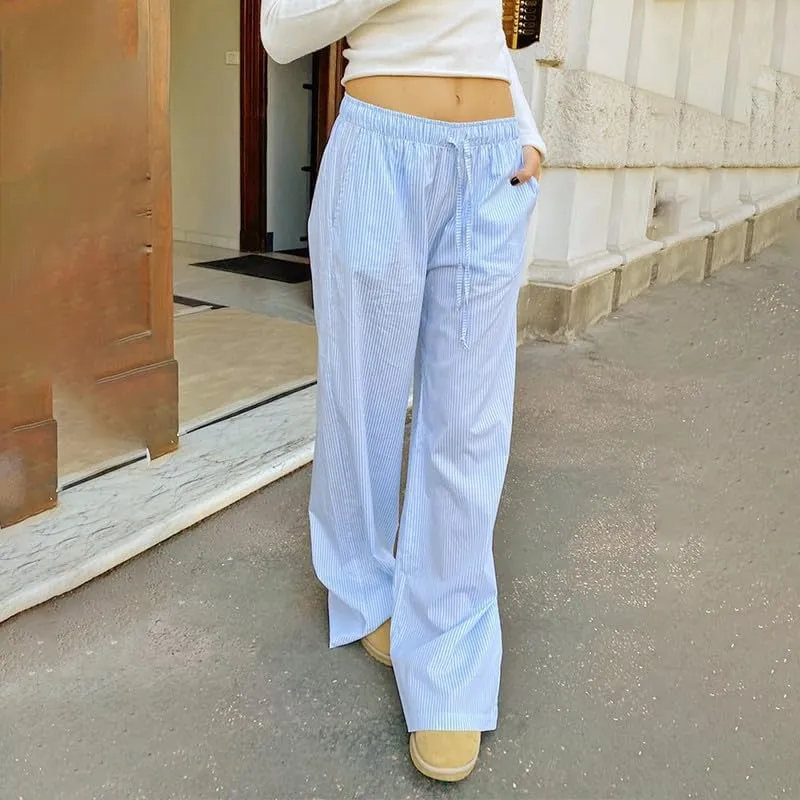 NUFIWI Women Striped Linen Pajama Pants Drawstring Wide Leg Stripes Lounge Pants Pinstriped Loose Fit Comfy Pinstripe Pants