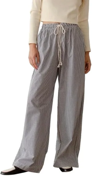 NUFIWI Women Striped Linen Pajama Pants Drawstring Wide Leg Stripes Lounge Pants Pinstriped Loose Fit Comfy Pinstripe Pants