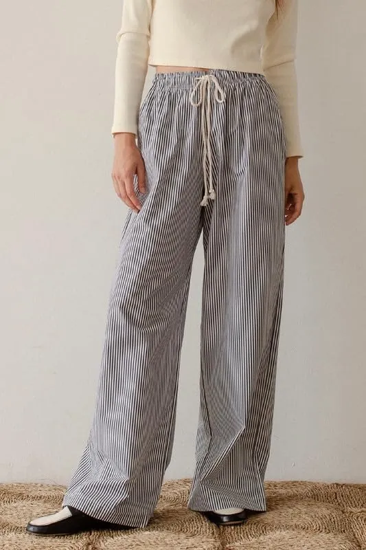 NUFIWI Women Striped Linen Pajama Pants Drawstring Wide Leg Stripes Lounge Pants Pinstriped Loose Fit Comfy Pinstripe Pants