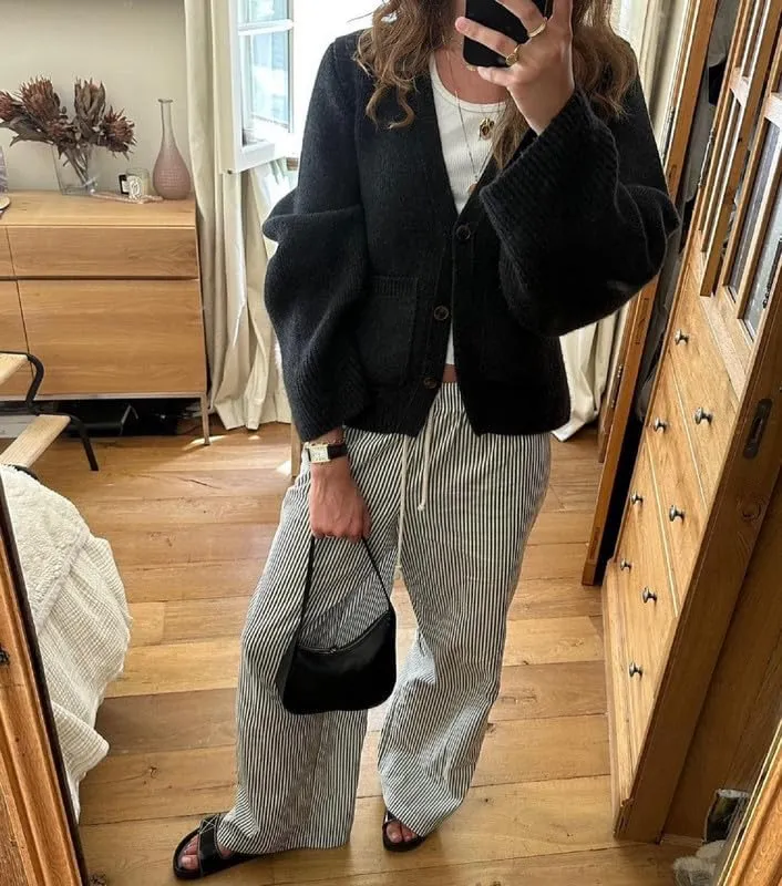 NUFIWI Women Striped Linen Pajama Pants Drawstring Wide Leg Stripes Lounge Pants Pinstriped Loose Fit Comfy Pinstripe Pants