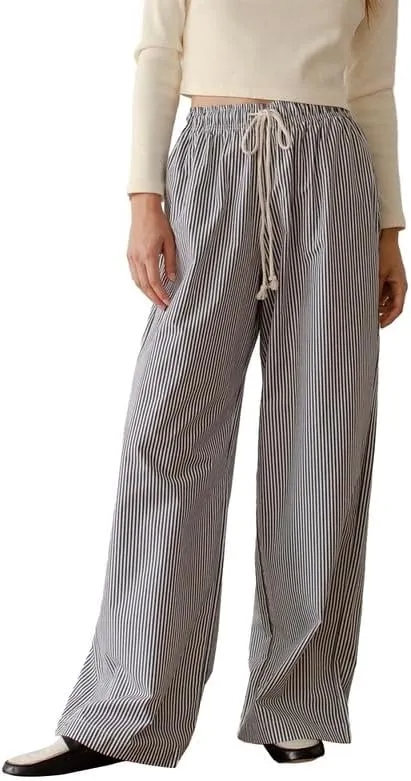 NUFIWI Women Striped Linen Pajama Pants Drawstring Wide Leg Stripes Lounge Pants Pinstriped Loose Fit Comfy Pinstripe Pants