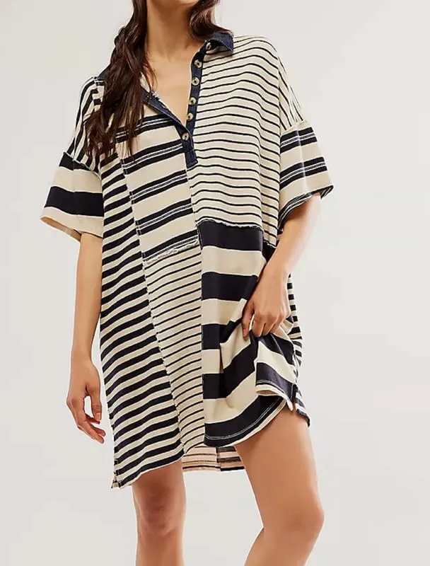 NUFIWI Y2K Striped Shirt Mini Dress for Women Oversized Stripe Tunic Tshirt Dresses Short Sleeve Buttons Loose Fit Tee Dress