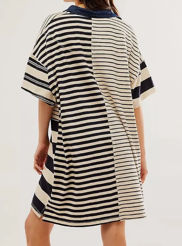 NUFIWI Y2K Striped Shirt Mini Dress for Women Oversized Stripe Tunic Tshirt Dresses Short Sleeve Buttons Loose Fit Tee Dress