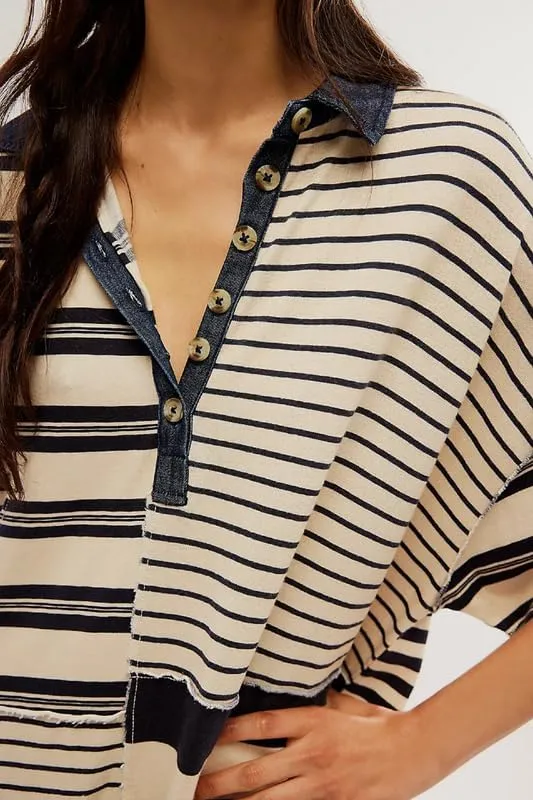 NUFIWI Y2K Striped Shirt Mini Dress for Women Oversized Stripe Tunic Tshirt Dresses Short Sleeve Buttons Loose Fit Tee Dress