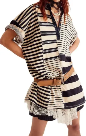 NUFIWI Y2K Striped Shirt Mini Dress for Women Oversized Stripe Tunic Tshirt Dresses Short Sleeve Buttons Loose Fit Tee Dress