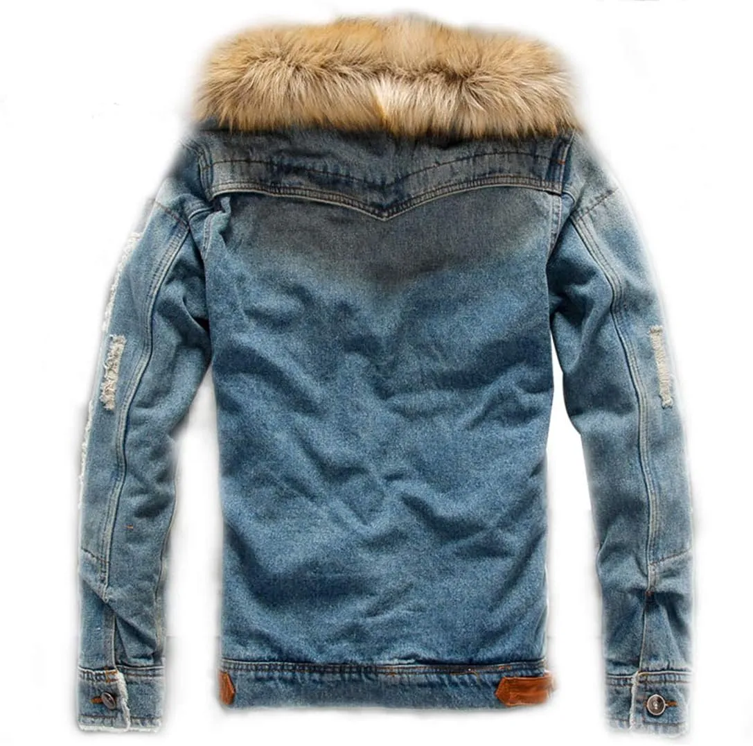 Omoone Men's Faux Fur Collar Sherpa Fleece Lined Distressed Denim Trucker Jacket