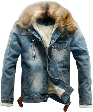 Omoone Men's Faux Fur Collar Sherpa Fleece Lined Distressed Denim Trucker Jacket