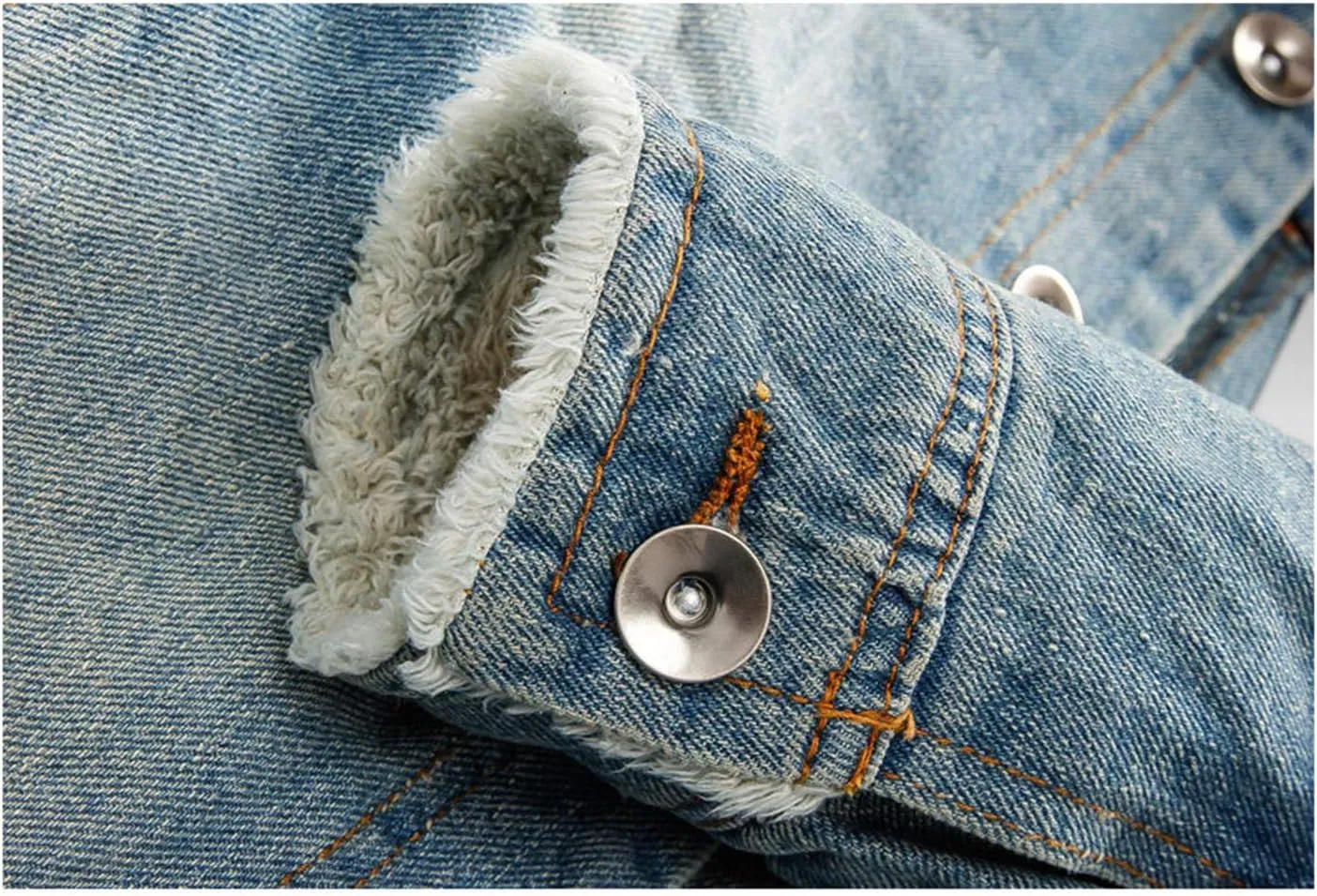 Omoone Men's Faux Fur Collar Sherpa Fleece Lined Distressed Denim Trucker Jacket