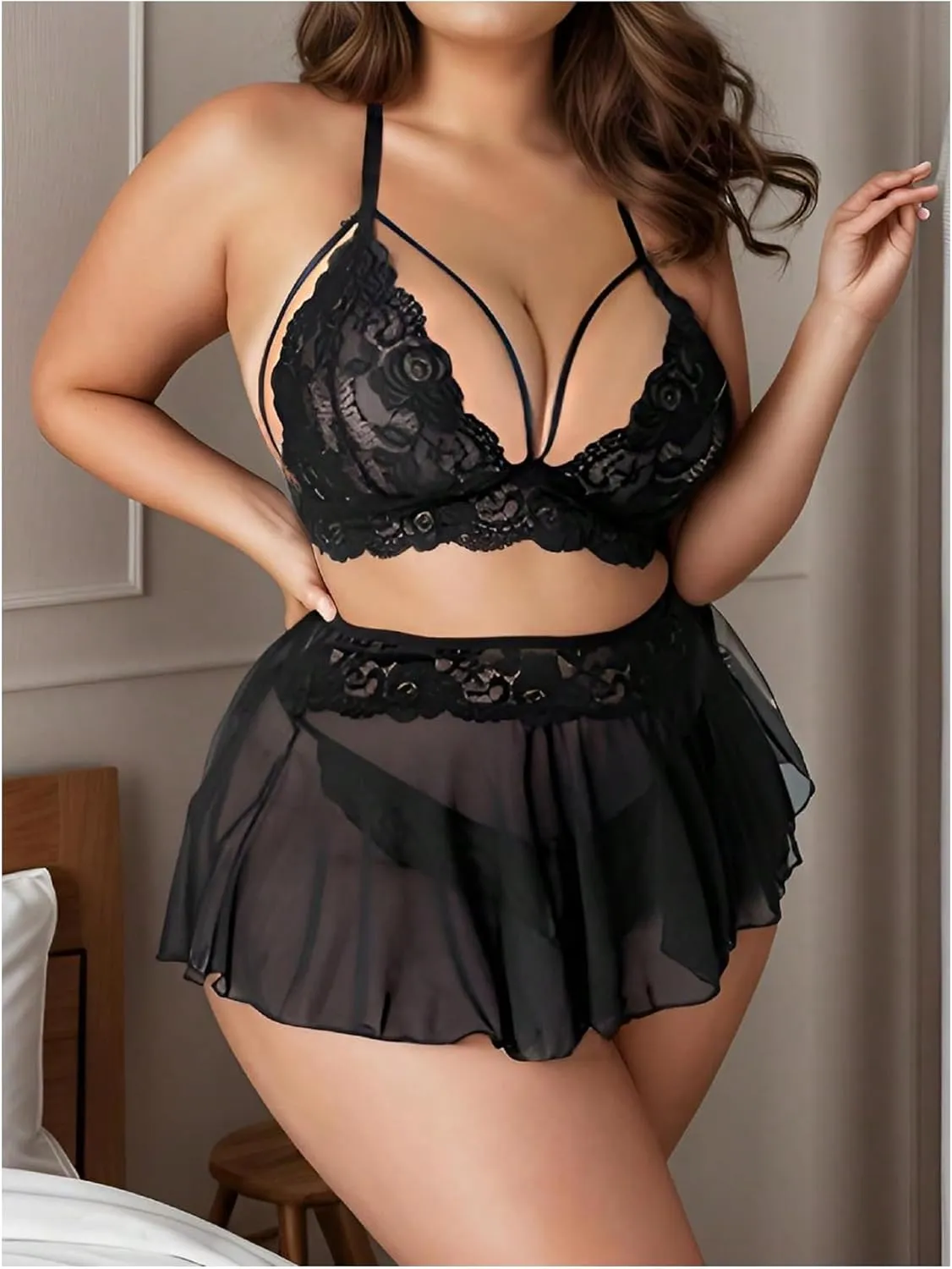 OYOANGLE Women's Plus Size 3 Piece Mesh Sheer Cut Out Bralette Bra and Panty Lingerie Set Sleepwear