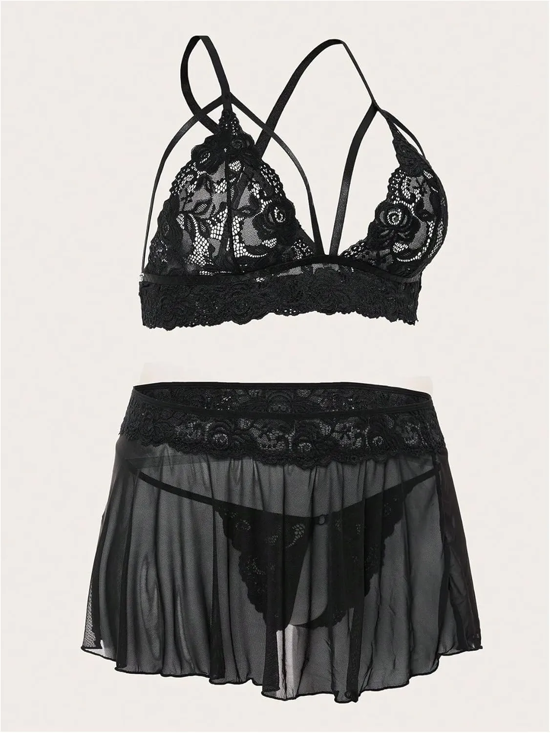 OYOANGLE Women's Plus Size 3 Piece Mesh Sheer Cut Out Bralette Bra and Panty Lingerie Set Sleepwear