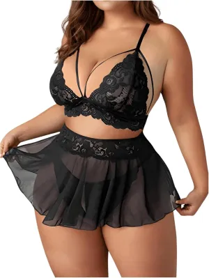 OYOANGLE Women's Plus Size 3 Piece Mesh Sheer Cut Out Bralette Bra and Panty Lingerie Set Sleepwear