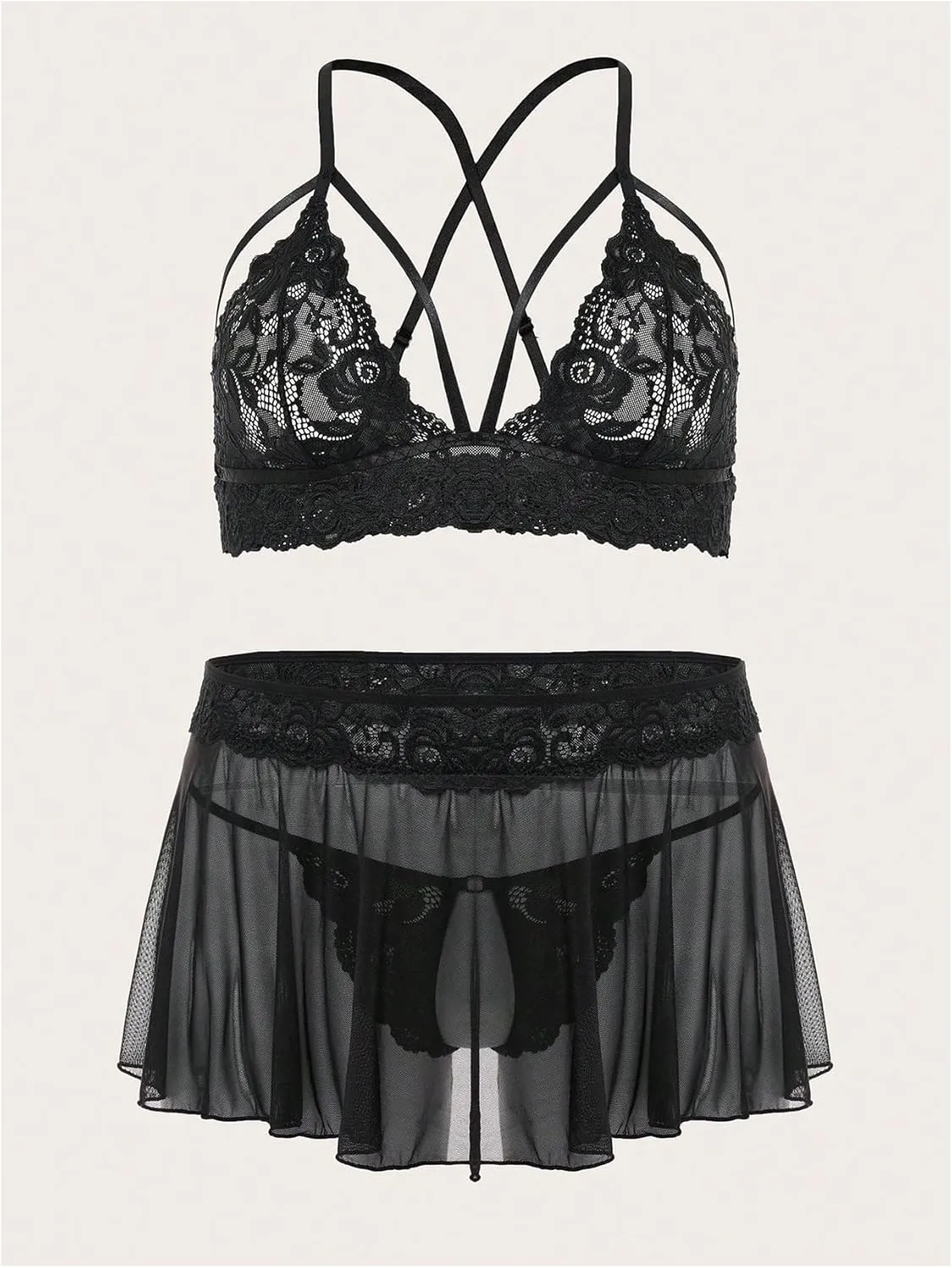 OYOANGLE Women's Plus Size 3 Piece Mesh Sheer Cut Out Bralette Bra and Panty Lingerie Set Sleepwear