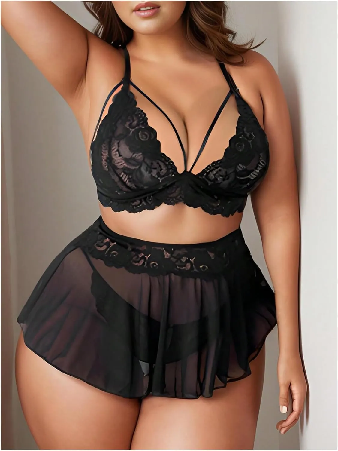 OYOANGLE Women's Plus Size 3 Piece Mesh Sheer Cut Out Bralette Bra and Panty Lingerie Set Sleepwear