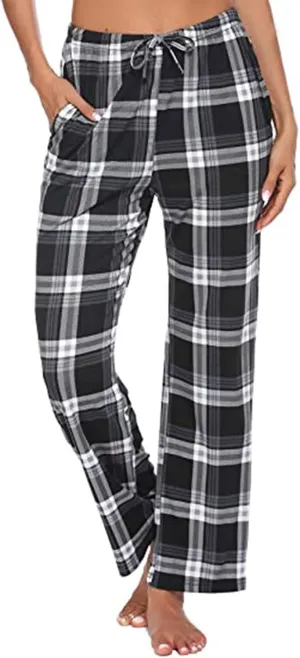 Plaid Pajama Pants Women Comfy Casual Sleep Pants Elastic Waist Long Trousers Lounge Loose Sleepwear with Pockets