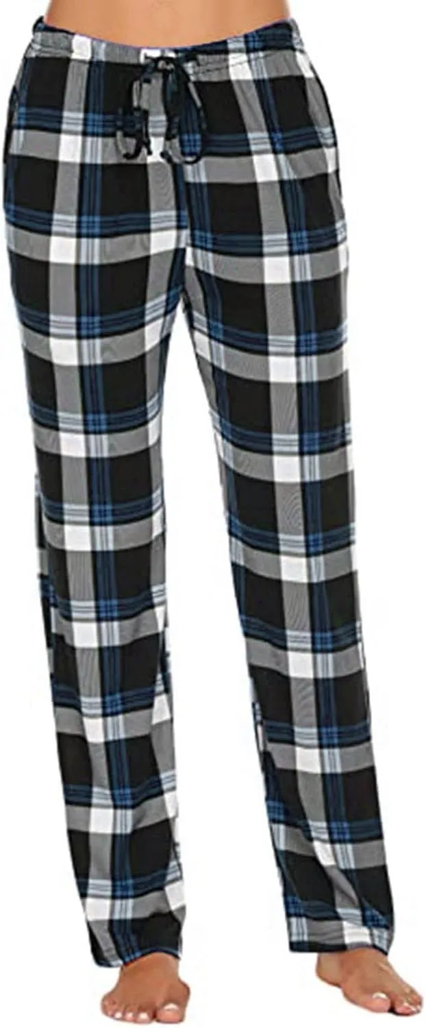 Plaid Pajama Pants Women Comfy Casual Sleep Pants Elastic Waist Long Trousers Lounge Loose Sleepwear with Pockets