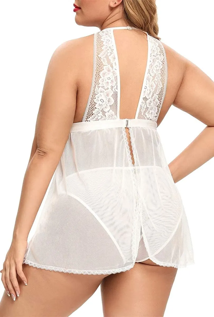 Plus Size Babydoll for Women - Sexy Halter Keyhole Lace Lingerie Set Sheer Mesh Open Back Chemise Sleepwear