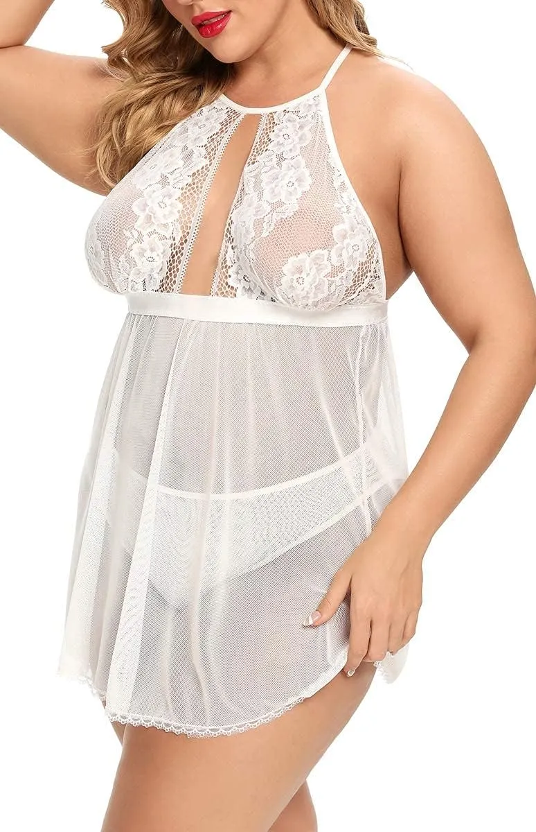 Plus Size Babydoll for Women - Sexy Halter Keyhole Lace Lingerie Set Sheer Mesh Open Back Chemise Sleepwear