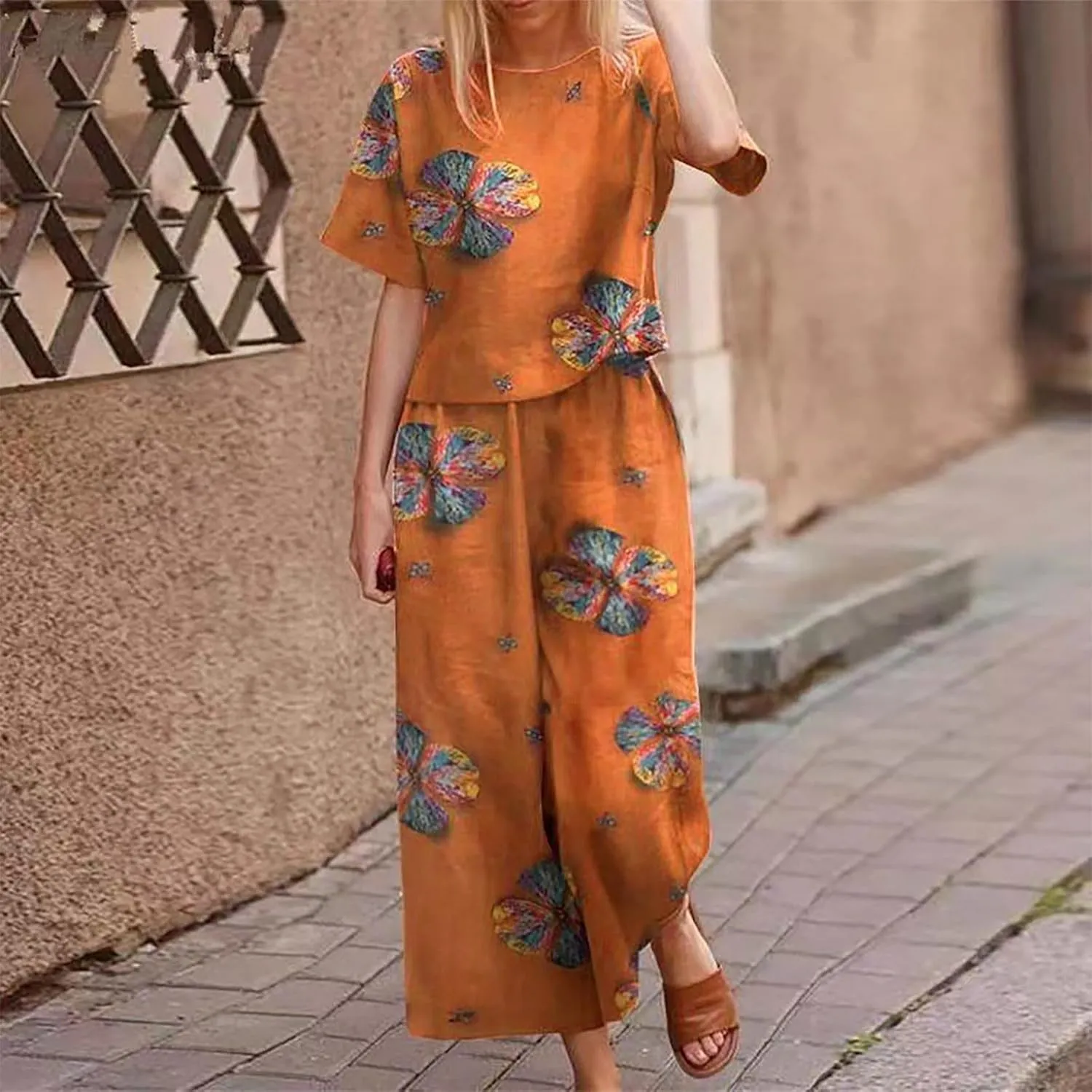 Plus Size Summer Outfits for Women 2 Piece Cotton Linen Sets Short Sleeve Tops Wide Leg Pants Lounge Matching Sets