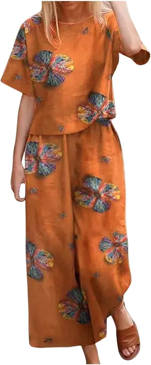 Plus Size Summer Outfits for Women 2 Piece Cotton Linen Sets Short Sleeve Tops Wide Leg Pants Lounge Matching Sets
