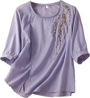Plus Size Tops for Women 2025 Summer Cotton Linen Top Mexican Embroidered Peasant Blouses Casual Half Sleeve Tees