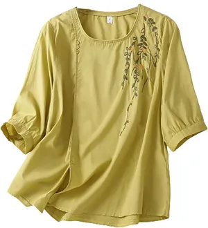 Plus Size Tops for Women 2025 Summer Cotton Linen Top Mexican Embroidered Peasant Blouses Casual Half Sleeve Tees
