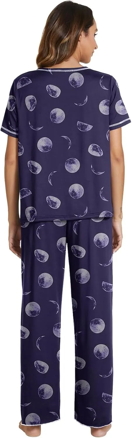 POKWAI 2024 Star Print Pajamas for Women Sets Soft Comfy Short Sleeve Tops and Pants Pajama Set Sleepwear Pjs