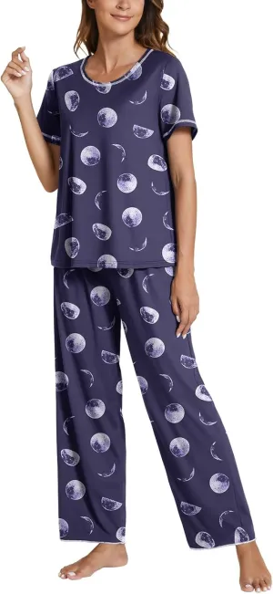 POKWAI 2024 Star Print Pajamas for Women Sets Soft Comfy Short Sleeve Tops and Pants Pajama Set Sleepwear Pjs