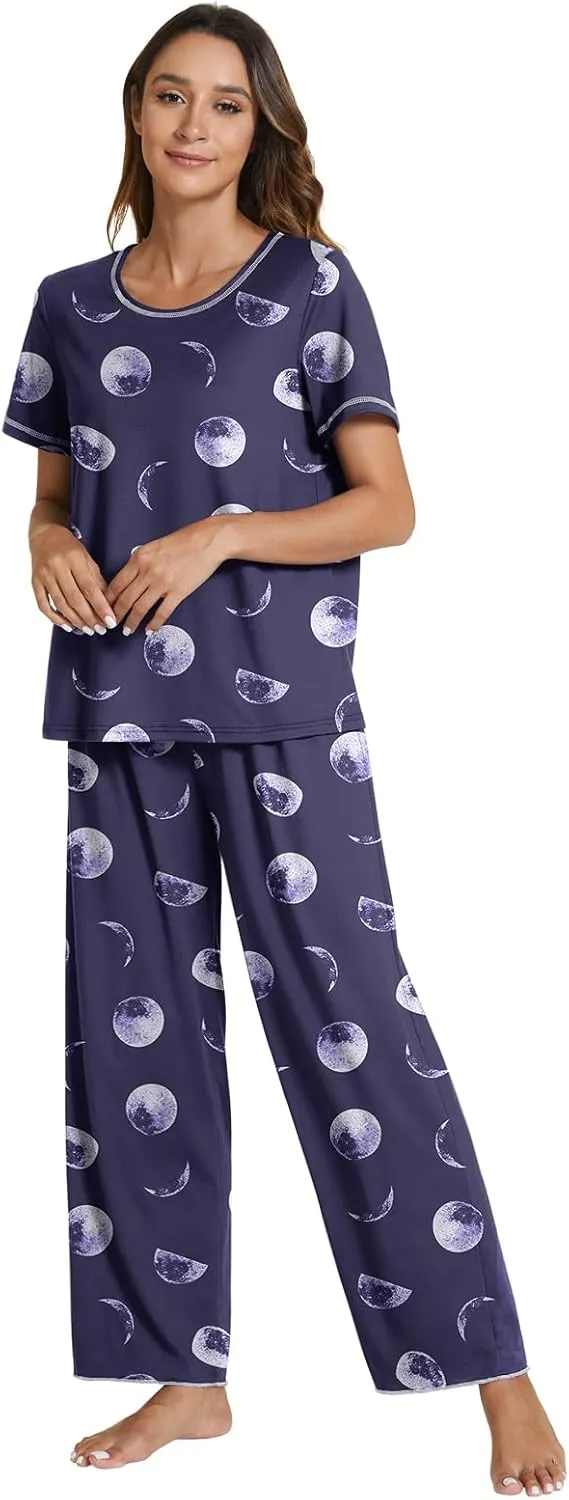 POKWAI 2024 Star Print Pajamas for Women Sets Soft Comfy Short Sleeve Tops and Pants Pajama Set Sleepwear Pjs