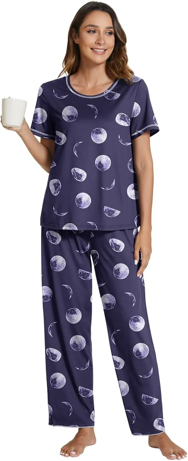 POKWAI 2024 Star Print Pajamas for Women Sets Soft Comfy Short Sleeve Tops and Pants Pajama Set Sleepwear Pjs
