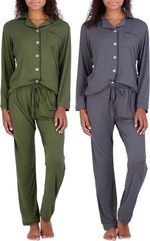 Real Essentials 2 Pack: Women's Pajamas Set Button Down Pants Soft Matching Sleepwear (Available In Plus)