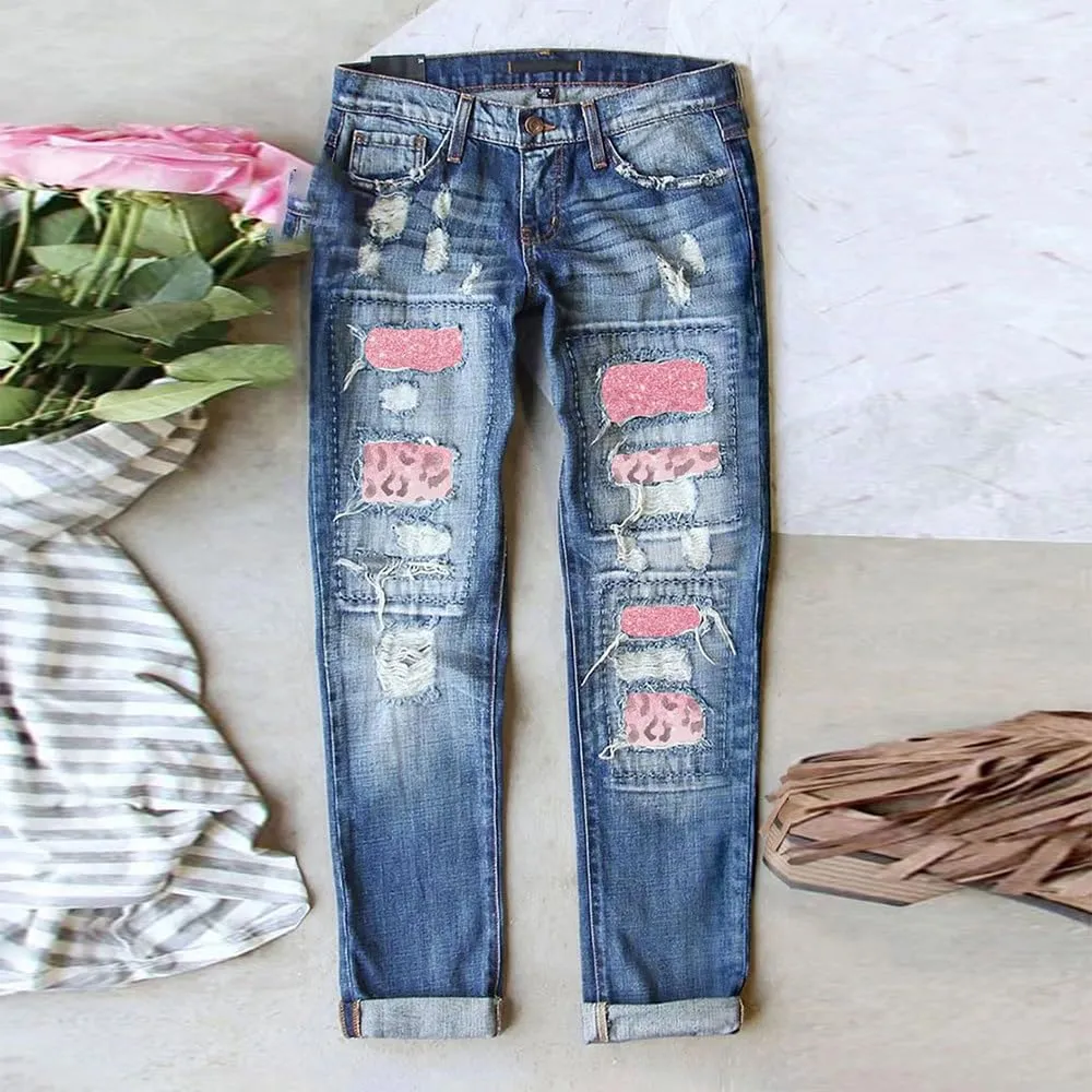 Ripped Jeans for Women Plaid Patch Boyfriend Skinny Distressed Denim Jean Pants