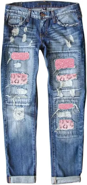 Ripped Jeans for Women Plaid Patch Boyfriend Skinny Distressed Denim Jean Pants