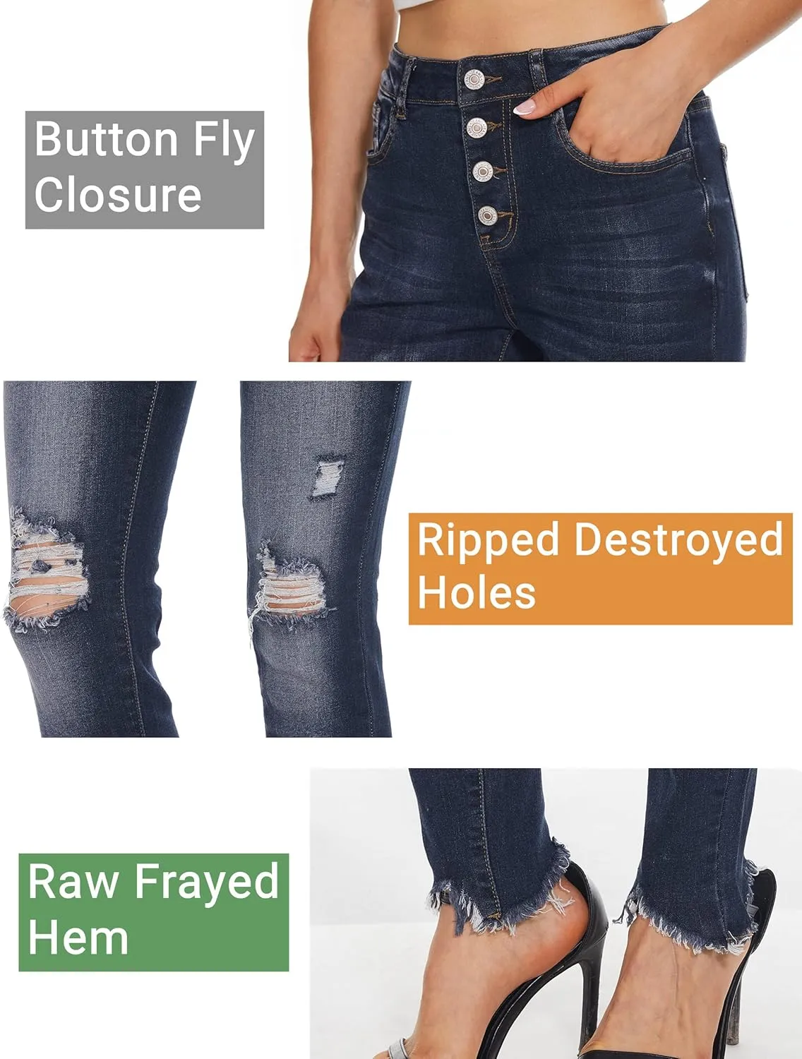 Ripped Skinny Jeans for Women High Waist Stretchy Distressed Denim Pants