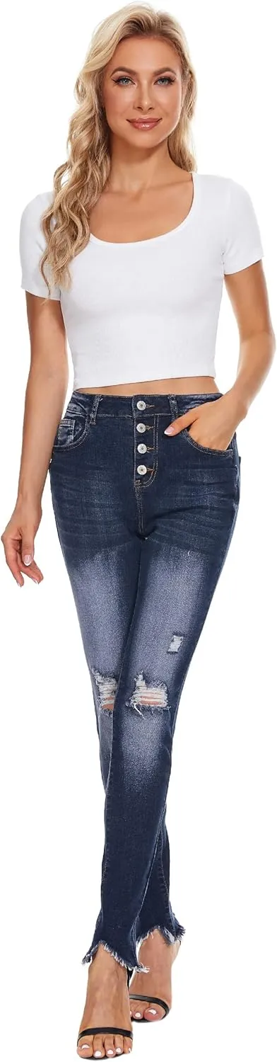 Ripped Skinny Jeans for Women High Waist Stretchy Distressed Denim Pants