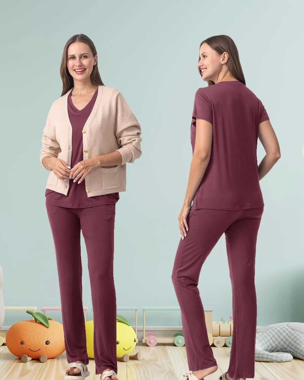 Rnxrbb V Neck Nursing Pajamas Set 3 Pack Postpartum Pjs Breastfeeding Sleepwear for Women Double Layer with Pockets