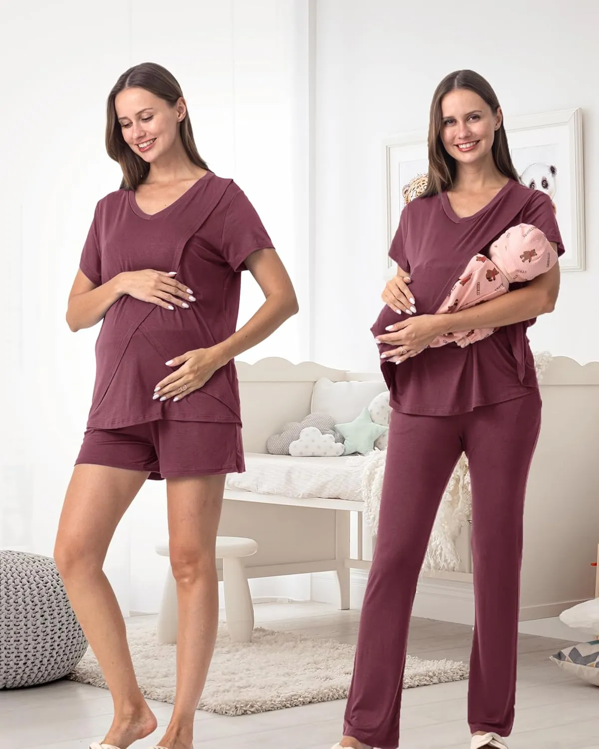 Rnxrbb V Neck Nursing Pajamas Set 3 Pack Postpartum Pjs Breastfeeding Sleepwear for Women Double Layer with Pockets