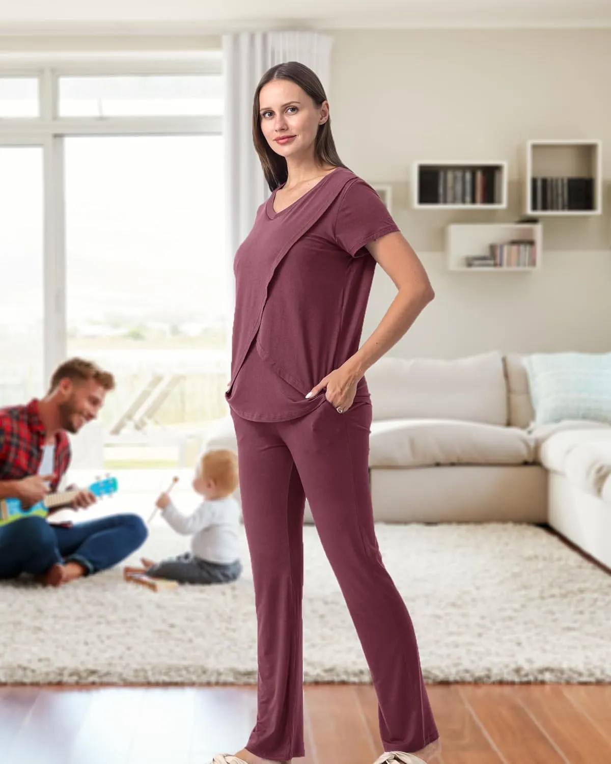 Rnxrbb V Neck Nursing Pajamas Set 3 Pack Postpartum Pjs Breastfeeding Sleepwear for Women Double Layer with Pockets