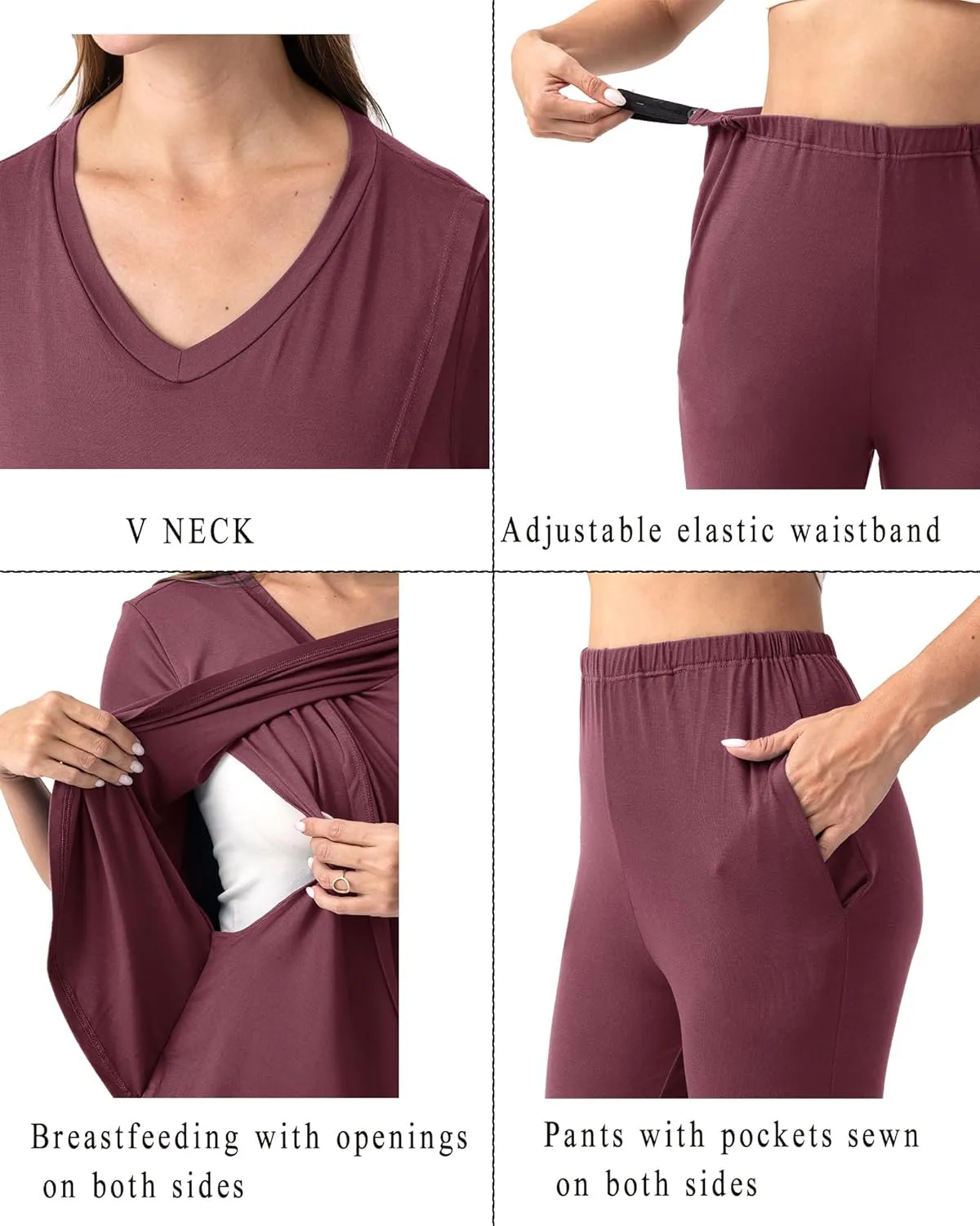 Rnxrbb V Neck Nursing Pajamas Set 3 Pack Postpartum Pjs Breastfeeding Sleepwear for Women Double Layer with Pockets