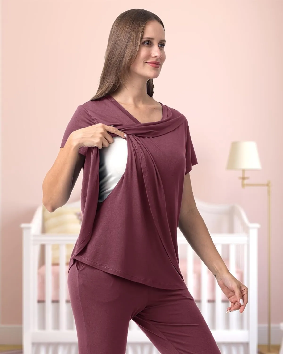 Rnxrbb V Neck Nursing Pajamas Set 3 Pack Postpartum Pjs Breastfeeding Sleepwear for Women Double Layer with Pockets
