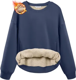SANTINY Women's Fleece Sherpa Lined Sweatshirt Warm Winter Pullover Sweaters Cozy Thick Crewneck Sweatshirts with Pockets