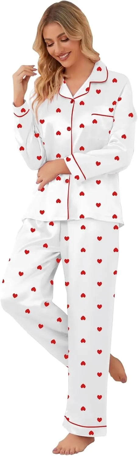 Schbbbta Girls & Women Pajamas Set, 2 Piece Satin Silky Pjs Button-Down Kids Sleepwear, 3 Years - XX-Large