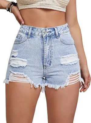 SESERAGI Womens Ripped Jean Shorts High Waisted Distressed Denim Shorts with Pockets Jorts