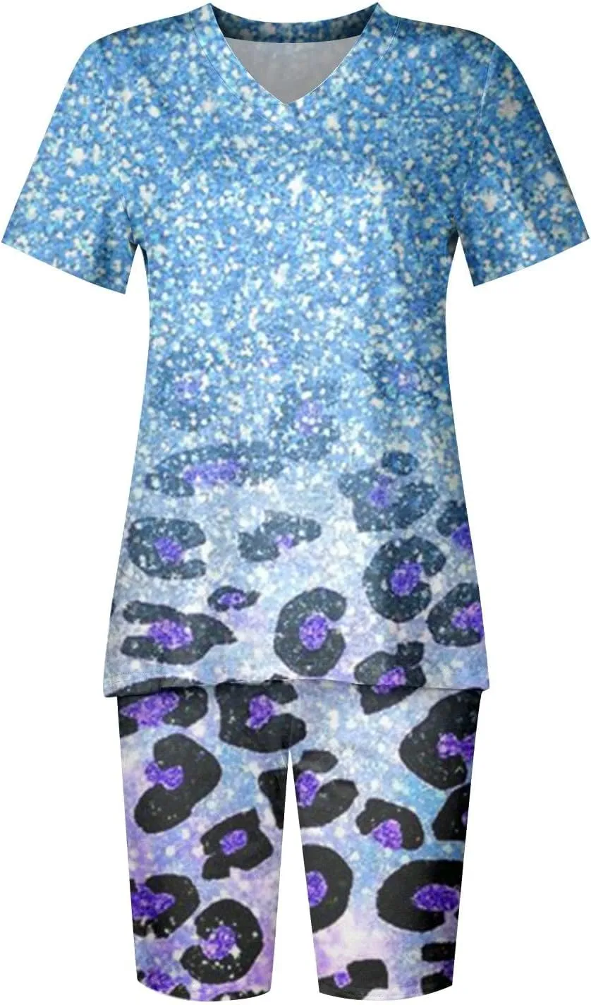 Sets for Women Clothing Two Piece Summer Workout Hiking Outfit V Neck T-Shirts Biker Shorts Workout Tracksuit