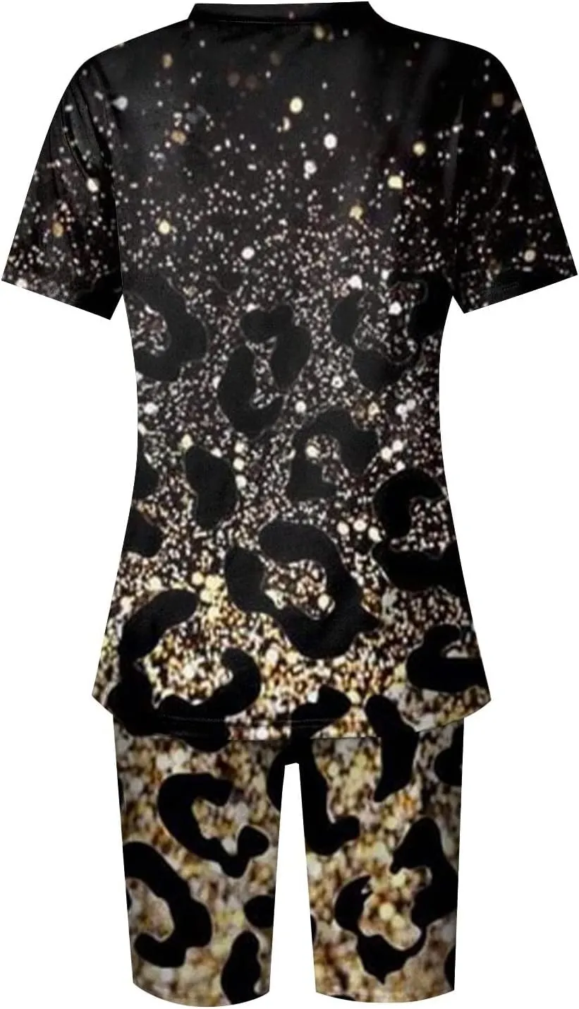 Sets for Women Clothing Two Piece Summer Workout Hiking Outfit V Neck T-Shirts Biker Shorts Workout Tracksuit