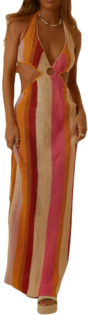 Sexy Knit Bodycon Dress for Women Sleeveless Spaghetti Strap Cut Out Maxi Dress Backless Y2K Summer Beach Dresses
